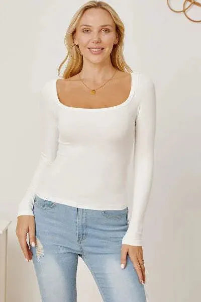 Square Neck Long Sleeve T-Shirt White Women's T-Shirts - Tophatter Daily Deals